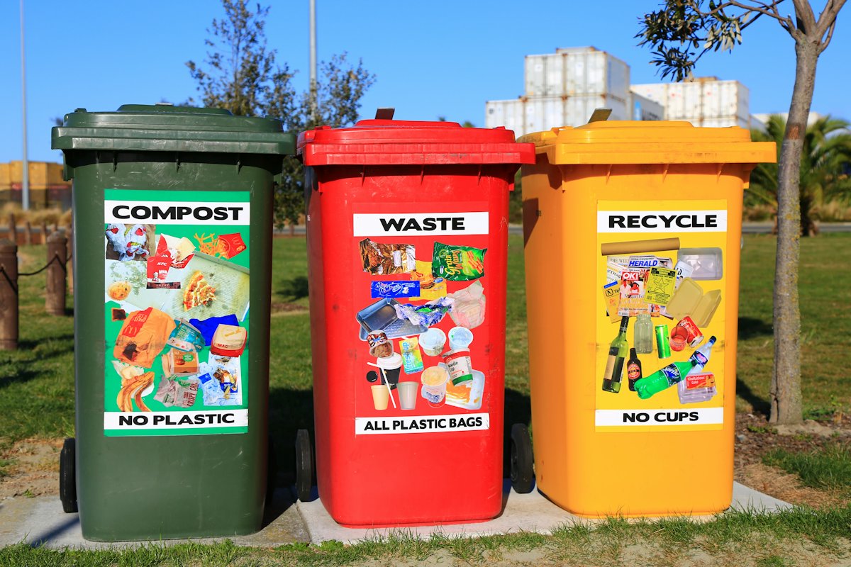 Compost, general waste and recycling bins